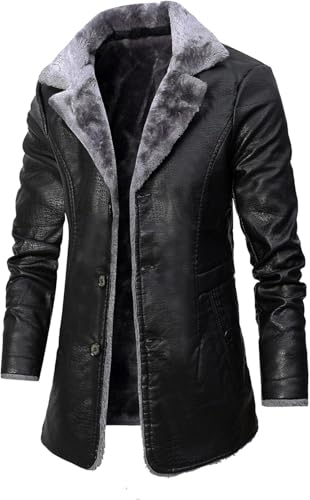 Men's Genuine Sheepskin Leather Winter Coat-Mid Length Long Artificial Fur Shearling Jacket with Classic Design