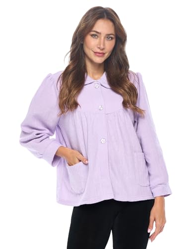 Casual Nights Women's Chenille Bed Jacket, Button Front Long Sleeve Sleep Top with Pockets