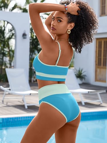 Image of ANRABESS Women's High Waisted Bikini Sets,Color Block 2 Piece Swimsuits,Tummy Control Bathing Suits,Thick Ribbed Beach Wear