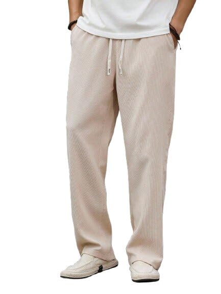 Men's Cream Lounge Pants with Adjustable Drawstring Waist, Relaxed Fit Straight Leg Casual Trousers for Daily Comfort and Breathable All Day Wear for Modern Looks-image-23