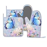 Oven Mitts Pot Holders Set Butterfly Flower Oil Painting Silicone Kitchen Gloves Potholders Heat Resistant for Chef Baking Cooking Grilling BBQ 4 Pack Mitt