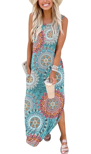Cuptacc Kleid Hochzeitsgast Damen Sommerkleid Ärmellos Lang Strand A Linien Kleid mit Taschen Grüne Blumen,3XL 50