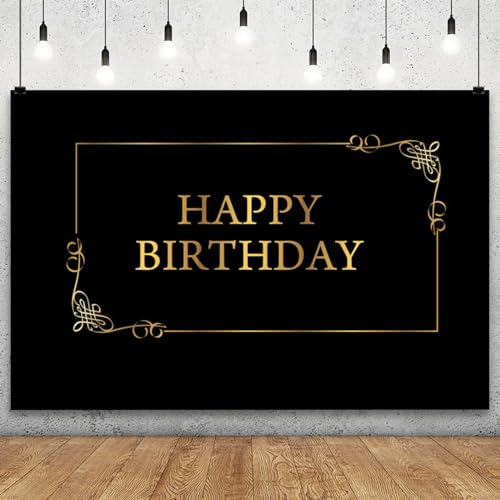 Toile de fond Happy Birthday noire et or de 1,8x1,2m pour photo d'anniversaire