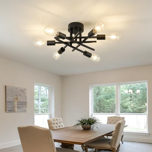 Image of Semi Flush Mount Motion Sensor Ceiling Light Fixture,6 Lights Black Vintage Matte Sputnik Chandelier Ceiling Lamp with E26 Bulb Base for Farmhouse Dining Room Living Room Bedroom Study Kitchen