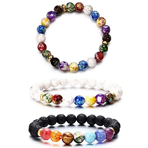 3 piezas Pulsera de perlas chakra fabricada de ónix y piedra volcánica, pulsera energética con perla de jaspe de colores, pulsera de yoga para hombres y mujeres (Embalaje de franela negra) Cover