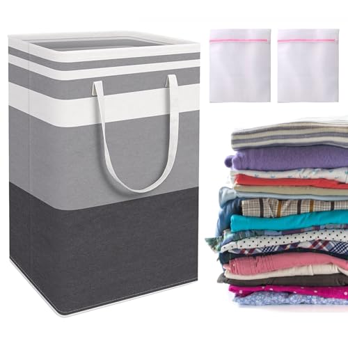 Scettar 75L Cesto Portabiancheria Pieghevole, Cesta Giochi Bambini per Riporre Panni Sporchi e Giochi, Salvaspazio Bagno Laundry Basket, Con 2 Sacchi per la Biancheria (Strisce Bianche e Grigie)