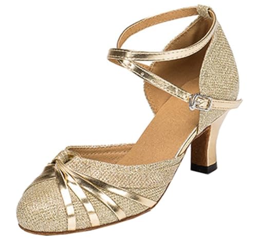 Chaussures de danse latine pour femme avec talon doré de 6 cm et paillettes en taille 34