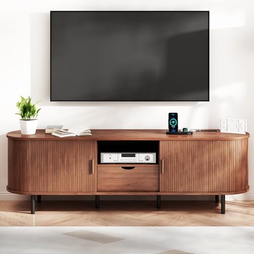 69" Mid-Century TV Stand with Power Outlet, Fluted Entertainment Center with Storage Drawer, TV Console with Sliding Door and Adjustable Shelves, TV Stand up to 80" for Living Room, Bedroom, Walnut