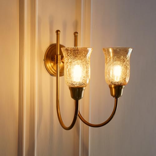Image of Divine Trends Double Hockey Wall Lamp Antique Brass Finish with Chimney Crackled Glass Shade for Living Room, Bedroom, Home Decoration Wall Light - Pack of 1