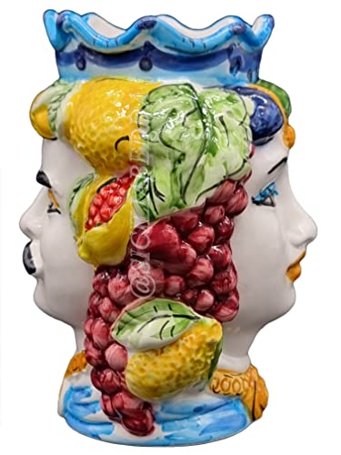 sicilia bedda - Testa di Moro Siciliana in Ceramica di Caltagirone MODELLO DOPPIO VOLTO - Realizzata e Dipinta a Mano - (Corona Blu)