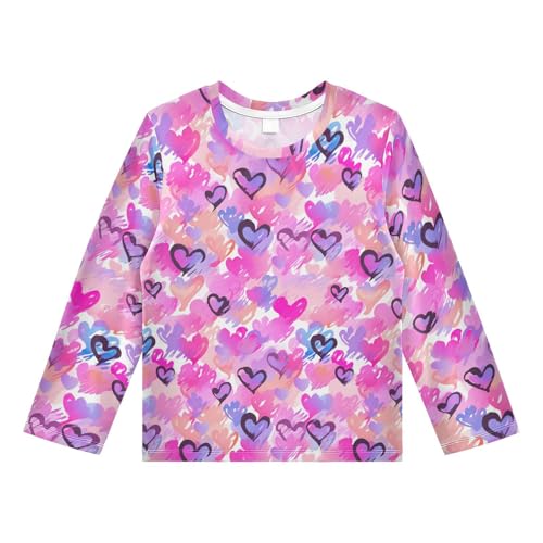 Cartoon Purple Pink Heart Pattern Boys Rash Guard Swim Shirts Long Sleeve UPF 50+ Quick Dry Sun Protection Shirt Swimwear Surf Tops for Toddler Kid Fishing Swimming Outdoor 9-10T
