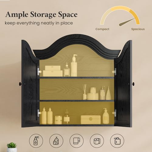 Armario de pared para baño, negro | con arco ondulado en la parte superior, estante ajustable, almacenamiento sobre el inodoro, puerta rebajada, botiquín miniatura 4
