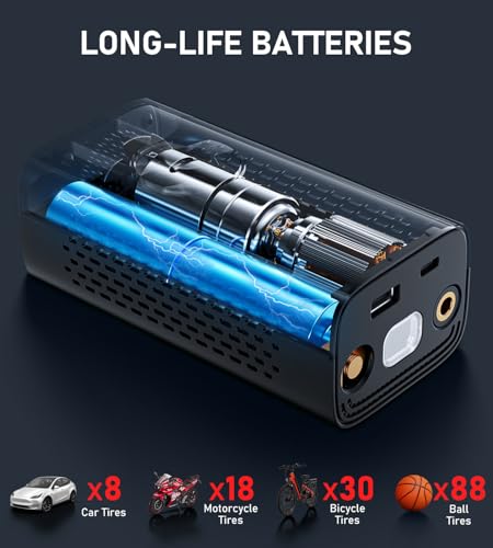 Image of Pumptiva Tire Inflator Portable Air Compressor, Cordless Air Pump for Car Tires, 150PSI Portable Tire Inflator for Car with Auto Stop & LED Lights for SUV Sedan Motorcycle Bike Bicycle Ball
