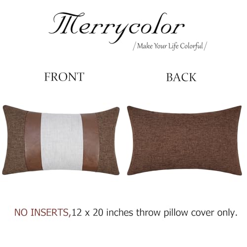 Merrycolor COFFEE BROWN-C 12*20 Faux Leather And Linen Lumbar Pillow Covers 12 X 20 Inch Patchwork Modern Farmhouse Throw Pillow Covers Coffee Brown Leather Decorative Lumbar Pillow Cover thumb #4