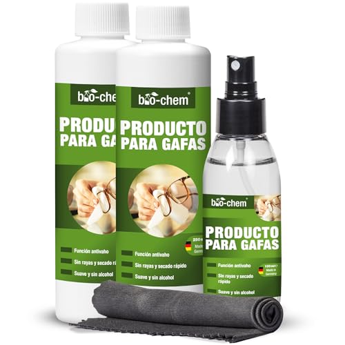 Bio-Chem – Limpiador de gafas y lentes 100ml + 2x 250ml – Limpieza suave y eficaz sin marcas – Para uso diario en cristales y superficies ópticas