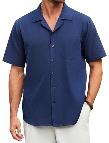 Enlision Mens Shirts Short Sleeve Navy Blue Linen Casual Summer Button Down Smart Shirt for Men with Pocket Regular Fit 3XL