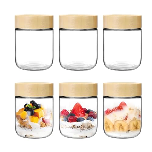 Overnight Oats Jar Container with Wood Lids 6Pcs Glass Mason jars 500ml Wide mouth Glass Overnight Oats Containers Airtight Glasses Food Storage Containers for Salad Snacks Yogurt Spice Sugar Pickling