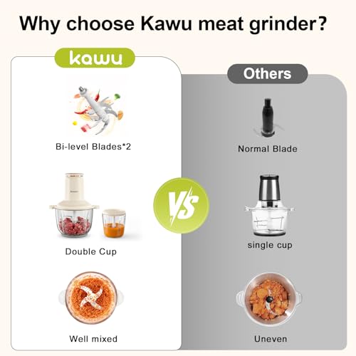 Image of Kawu Electric Food Processors, 300W Food Chopper with 2 Bowls (8 Cup+1 Cup) | 2 Speeds Meat Grinder with Stainless Steel Blades, Mini Vegetable Garlic Chopper Glass Blenders for Kitchen Home