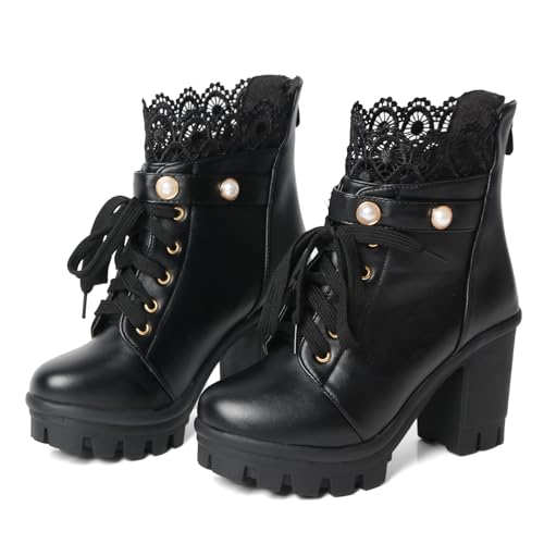 Platform Boots For Women Black Chunky Boot Goth Ankle Booties Bead Lace Lolita Dress Shoes With Zipper