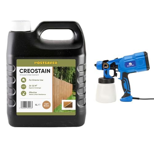 Postsaver Creostain Creocote & Electric Hand Sprayer | Oil Based Wood Treatment | Creosote Substitute | for Fences & Sheds | 4 Litre + Sprayer (Light Brown)