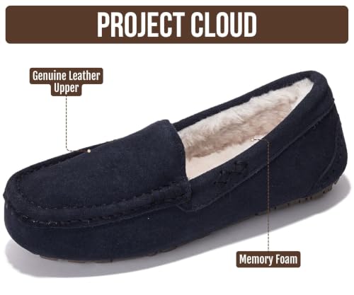 Image of Project Cloud 100% Genuine Leather Slippers for Women - Fur Lined Outdoor Slippers for Women Footwear with Memory Foam - Stylish Womens Moccasin (Cathi)