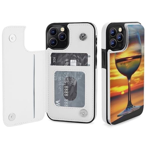 HKMNLEW Sunset Wine Glass Print Flip Phone Wallet Case iPhone 12 Pro�p PU���U�[���C�ϏՌ��d�b�P�[�X�J�o�[ �J�[�h�z���_�[�t��