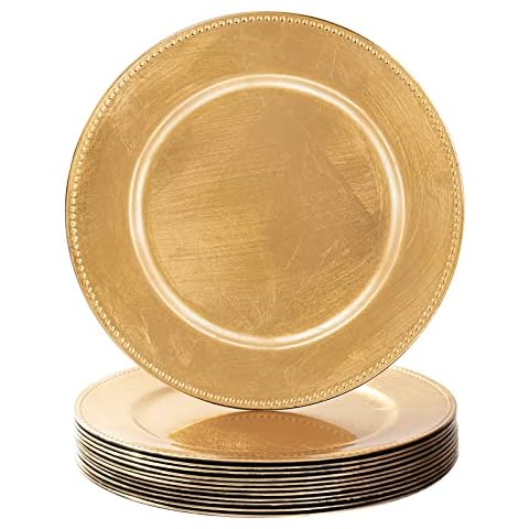 MAONAME Gold Charger Plates Set of 12, Foil 13" Plate Chargers with Beaded, Plastic Round Chargers for Dinner Plates, Table Setting Cover