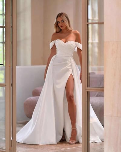 Off The Shoulder Prom Dresses Long Ball Gown with Slit Mermaid Pleaed Satin Formal Party Dress2