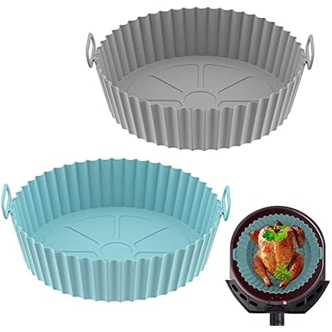 Yikki Air Fryer Silicone Pot, 2 Pack Reusable Silicone Air Fryer Liners, Air Fryer Accessories, Replacement for Disposable Parchment Paper Liner (Blue & Gray) Cover