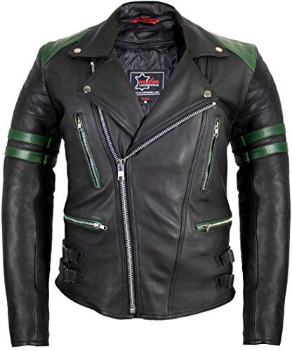 MDM Retro Motorrad Lederjacke 80´s oldschool in verschieden Farben erhältlich (XL, schwarz/grün)