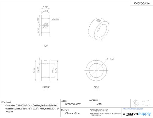 Climax Metal C-100-Bo Shaft Collar, One Piece, Set Screw Style, Black Oxide Plating, Steel, 1" Bore, 1-1/2" Od, 5/8" Width, With 5/16-24 X 1/4 Set Screw #TOP1