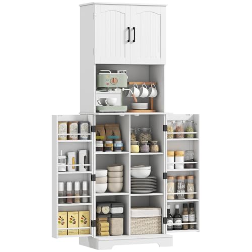 HOMCOM Buffet haut cuisine, armoire de cuisine avec 4 portes, vaisselier, 8 porte-épices, étagères ajustables, meuble de rangement pour salon salle à manger, plan de travail, 60 x 40 x 181,5 cm, blanc