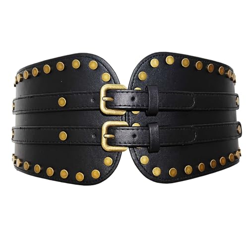Leather Stretchy Wide Corset Waist Belt,Black Fashion Waspie Skinny Buckle for Ladies Dresses Accessories