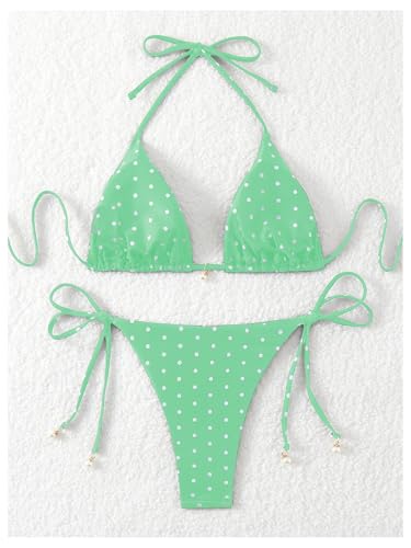 Image of SOLY HUX Women's Polka Dots Print Bathing Suit Halter Triangle Tie Side Bikini Sets Two Piece Swimsuit