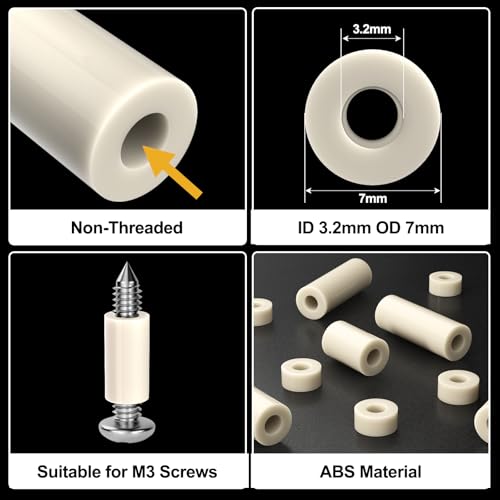 Image of Exqutoo White ABS Round Washers ID 3.2mm, OD 7mm, 3mm 5mm 6mm 8mm 10mm 12mm 15mm 18mm 20mm 25mm Length, Assortment Kit, Non-Threaded, Suitable for M3 Screws Hardware Spacer Bracket