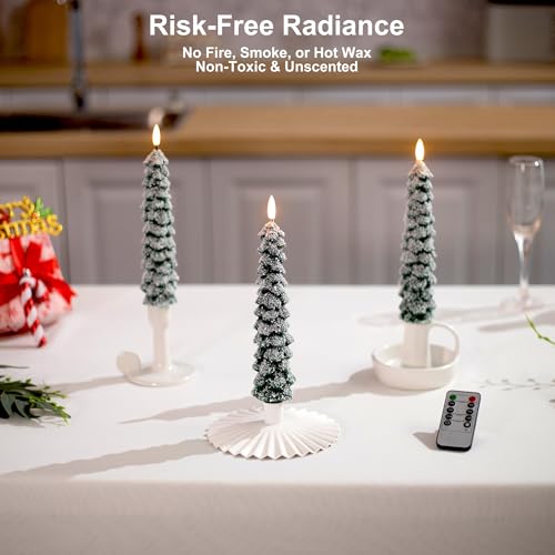 Image of Stmarry 4 PCS Flameless Christmas Tree Candles with Remote, Snow Covered Real Wax Flameless Taper Candles 9.65 Inch, LED Candlesticks Battery Operated with 3D Flickering Flame, Christmas Candles Decor