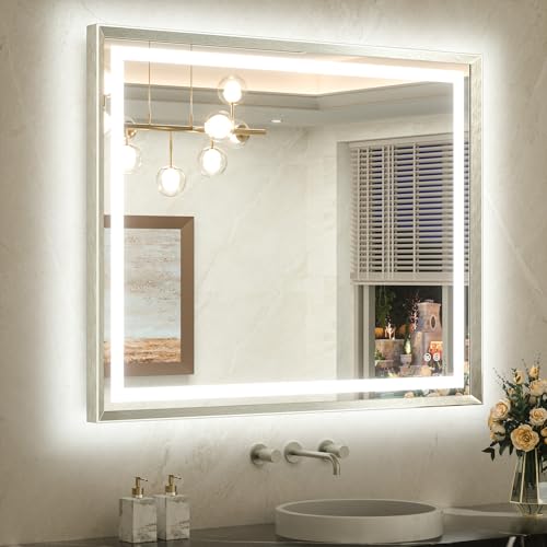 TETOTE 42 x 36 Led Mirror Brushed Bright Nickel Metal Frame Frontlit & Backlit Vanity Mirror Anti-Fog Stepless Dimmable 3 Colors White/Warm/Natural Wall Mirror with Lights Wall-Mounted