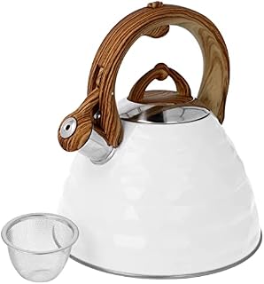 Stove Top Kettle Whistling Kettle for Gas Wood Burner Stainless Steel White Brown Handle 3 L