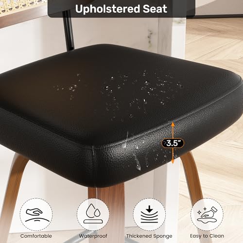 Image of Swivel Bar Stools Set of 5, 26 inch Upholstered Faux Leather Counter Height Barstools with Rattan Back & Bentwood Legs, Mid Century Modern Bar Chairs Island Stools for Kitchen Counter, Black