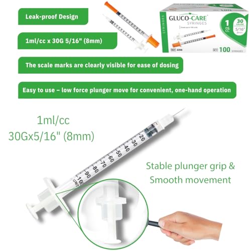 Image of GLUCO-CARE 1 ml /cc Syringes 30G x 5 /16'' (8mm), Orange Cap, 100 /box (Pack of 3)