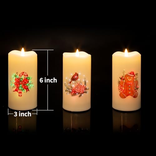 Image of Eywamage Fiber Optic Christmas Flameless Candles with Remote, Flickering LED Battery Pillar Candles Set of 3