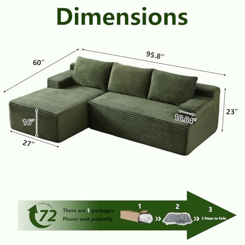 Image of 96 inch Modular Sectional Sofa, Modern Corduroy Cloud Couch, Boneless Couch Upholstered 3-Seater L-Shaped Sofa for Living Room, No Assembly Required (Green, Left-Facing Chaise)