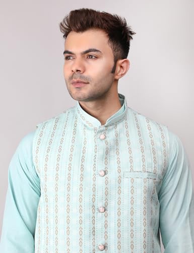 Image of Men's Cotton Silk Blend Regular Kurta Pyjama, Embroidered Nehru Jacket /Waistcoat Set