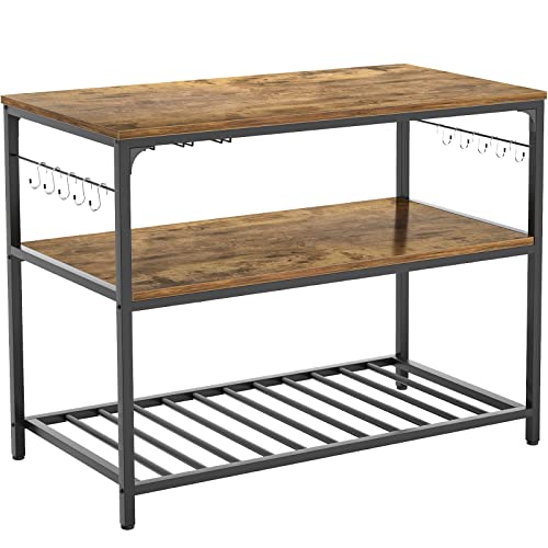Homieasy Kitchen Island With Wine Glass Holder, Industrial Wood And Metal Coffee Bar Wine Rack Table, 3 Tier Spacious Kitchen Prep Table Extended Counter With Hooks Easy To Assemble, Rustic Brown #TOP7