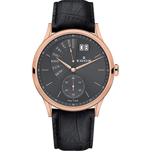 EDOX Les Vauberts Herren-Armbanduhr 42mm Armband Leder Schwarz Gehäuse Edelstahl Batterie 34500 37R Gir