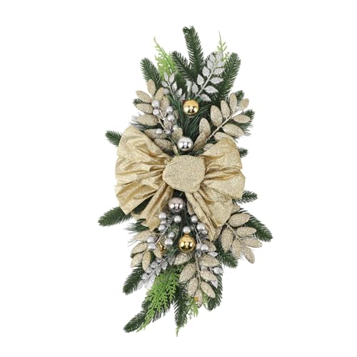 Gavigain Christmas Swag Pinecone Swag with Red Berries, Snow Accents, PVC Branch Tips, Reusable Holiday Decoration for Mantel, Wall, Stairs, Fireplace (Yellow Without Light)