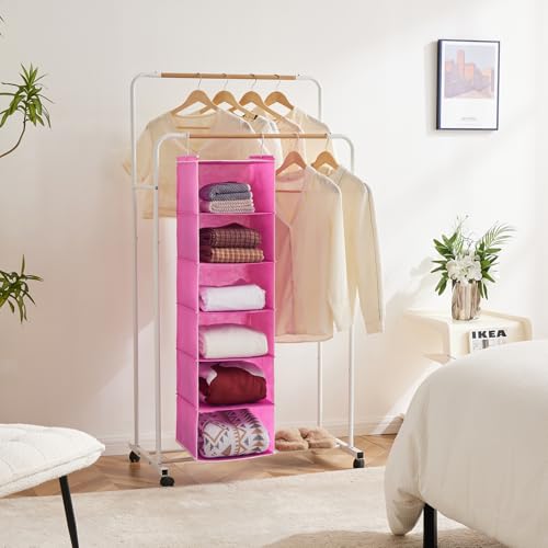 Image of MAX Houser 6-Shelf Hanging Closet Organizer, Hanging Storage Shelves with 2 Sturdy Hooks Space-Saving for Bedroom, Foldable (Pink)