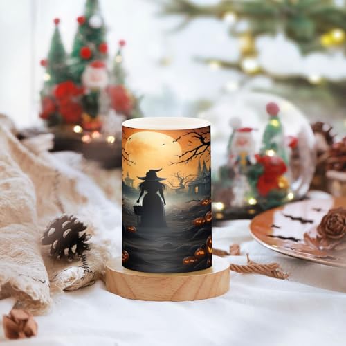 Image of ALAZA Halloween Pumpkins Witch Flickering Flameless Candles Battery Operated with Remote Timer,Tea Light Candles LED Pillar Votive Candles Set of 2 for Outdoor Indoor Decorations