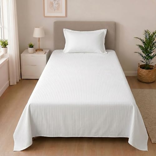 Image of Mafatlal Classic 210 TC 100% Cotton Single Bedsheet | 90 x 60 Inches | Soft & Breathable Fabric | Elegant Italian Stripes Pattern | Lightweight Comfort | White