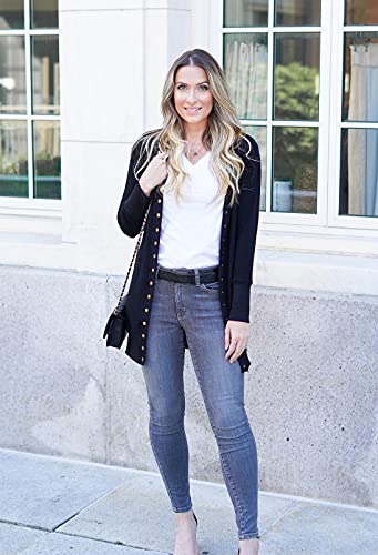 Merokeety Women's Long Sleeve Snap Button Down Solid Color Knit Ribbed Neckline Cardigans Black #TOP3